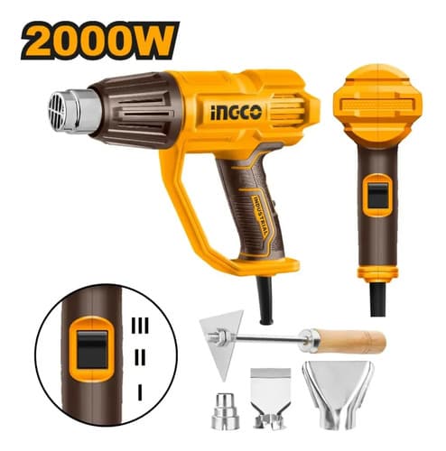 Pistola De Calor Ingco Y Taladro Inalámbrico 12v Con Kit De Accesorios Amarillo