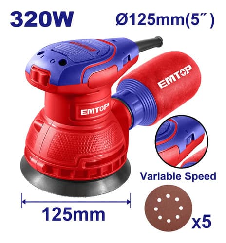 Lijadora Roto Orbital 320 Watts 125 Mm + 5 Lijas - Emtop Color Rojo Frecuencia 50