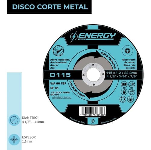 Disco De Corte Energy 4 1/2' Acero Inox 115mm 1.2mm 13,300 Rpm Pack 10