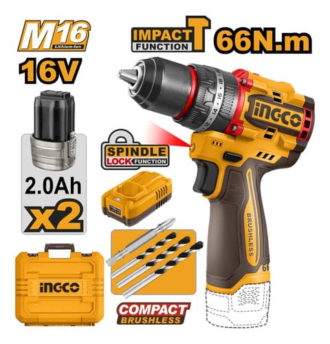Taladro Atorn Percutor 66nm Bat Car Valija Ingco Cidli166062 Naranja Claro 16v