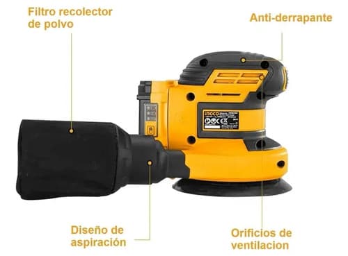Ingco Lijadora Rotorbital Inalambrica Ionlitio 20v 10000rpm Color Amarillo