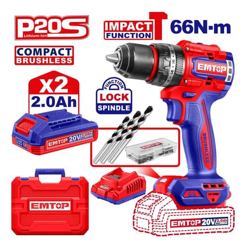 Taladro Atornillador Inalámbrico Emtop Sin Carbones 2000rpm Rojo