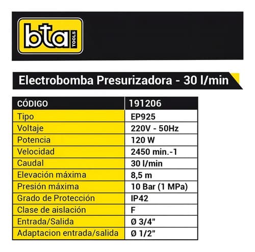 Bomba Elevador Presión Baño Presurizadora 8.5m 120w Bta -sc