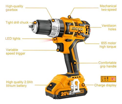 Taladro Inalámbrico Impacto 20v Ingco Brushless 1/2 Pulgadas Amarillo