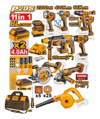 Kit Ingco 11 Herramientas 20v Con 4 Baterias Y + Accesorios