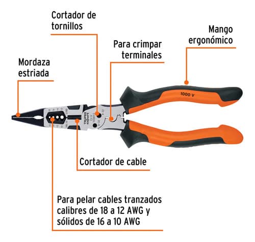Pinza Multiuso 8 Punta Larga, Comfort Grip, Truper 103013