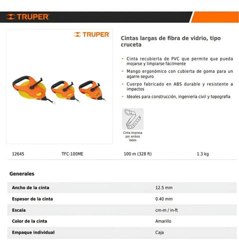 Cinta Metrica Truper 100 Metros Fibra De Vidrio Tfc-100me