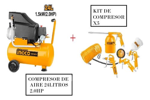 Compresor De Aire 24litros/2.0hp Mas Kit 5 Piesas Ingco.hnt Anaranjado