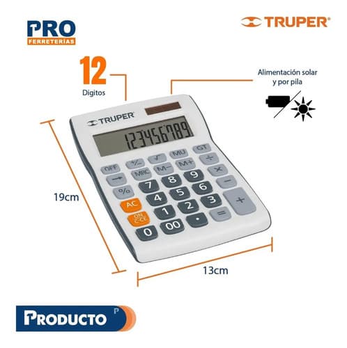 Calculadora 19 Cm De Escritorio Solar Y Pila Truper 60482 Color Gris