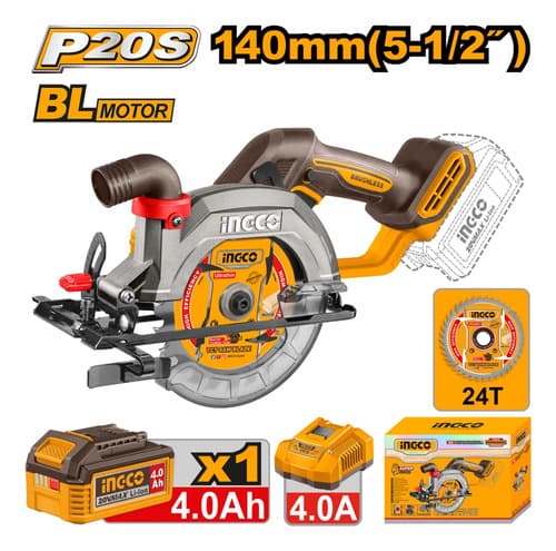Sierra Circular Ingco 20v 140mm Bl Con Bat 4.0ah Y Carg 4.0a Naranja Claro 20v