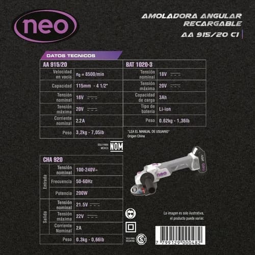 Amoladora Angular Inalambrica Neo Brushless C/ Bateria Gris 50hz