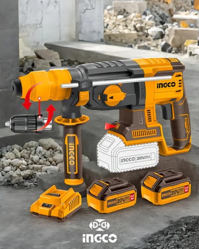 Rotomartillo Inalámbrico Industrial Con Adaptador De Mandril (4 Funciones) 2 Baterías 4ah Cargador Rápido Ingco Amarillo 50hz/60hz