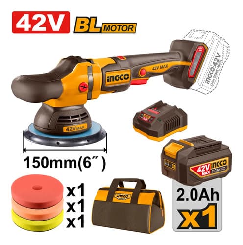 Lustra Pulidora 42v 150mm Accesorios Bateria Cargador Ingco Amarillo