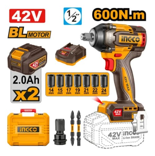 Llave De Impacto Encastre Cuadrado 1/2 600 Nm Fuerza 2 Baterias 42 V 2 Ah Cargador Motor Brushless Maletin 7 Tubos 2 Puntas 1 Adaptador 50 Hz
