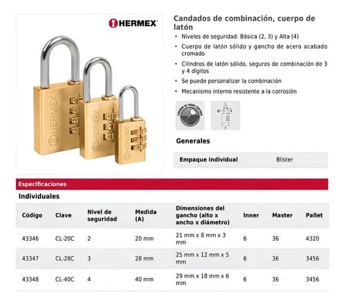Candado De Latón 40 Mm De Combinación Hermex 43348 Color Dorado