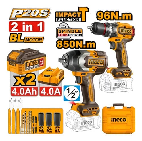 Llave De Impacto 850nm + Taladro 96nm Ingco 20v 2 Baterias Naranja Claro