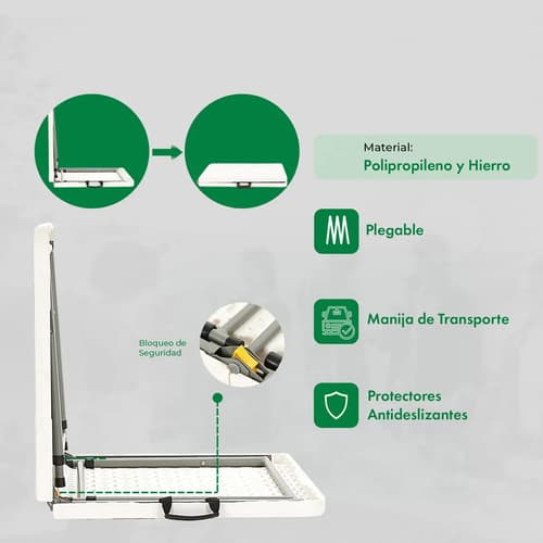 Mesa Plegable Picnic Con Asa Portátil 1,80mts Camping Catering Plastica Blanco