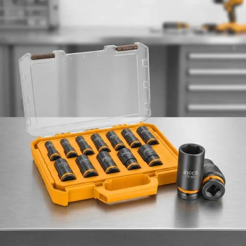 Set De 12 Dados De Impacto 1/2  Cr-mo Con Valija Ingco Naranja Claro
