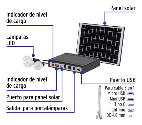 Sistema De Iluminación Solar 6 W Con 3 Lámparas Led, Volteck Negro