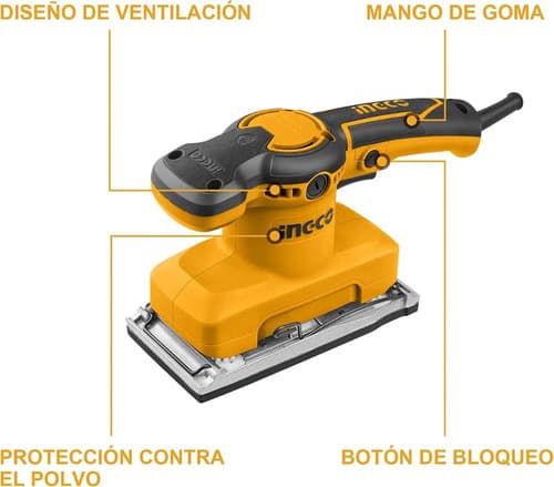 Lijadora Orbital Ingco 320w, Base Rectangular, 5 Lijas. Hnt Naranja 50 Hz/60 Hz