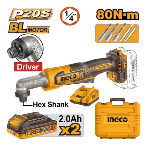 Atornillador Angular 80nm 20v 2 Bat 2.0ah Valija Ingco Naranja Claro 20v