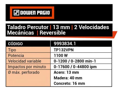 Taladro Percutor Dowen Pagio Tp132vpn De 1100w Y 13mm Naranja 50 Hz