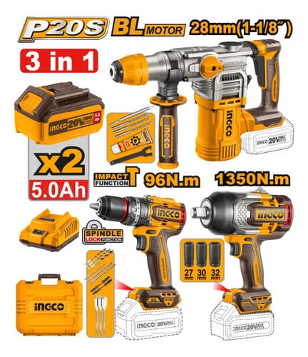Kit Combo Rotomartillo 28mm + Taladro 96nm + Llave 1350nm