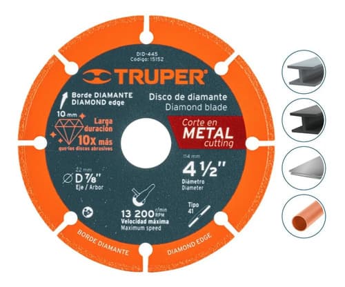 Disco De Diamante De 4-1/2 X 1.4 Mm Para Corte Metal Truper