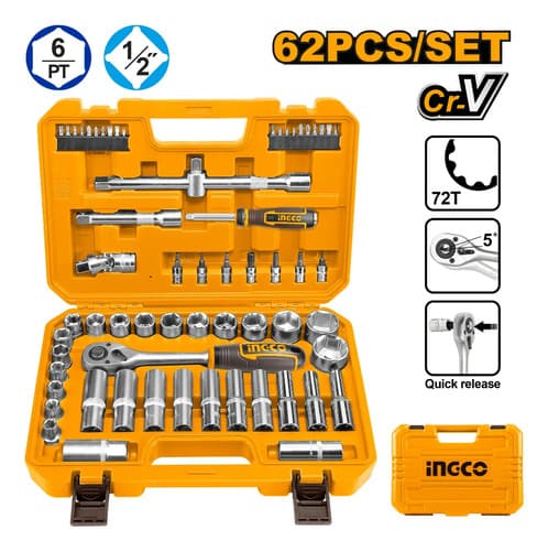 Set De Herramientas Ingco 1/2 62pcs Dados Tubos Puntas Naranja Claro