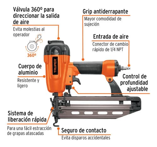 Clavadora Neumática Truper Carga Clavos De 25 A 64mm Largo