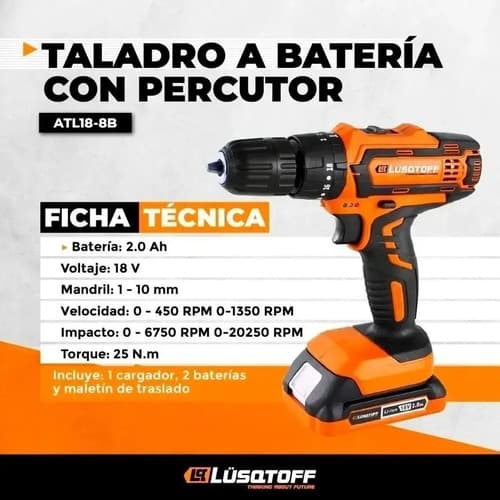 Taladro Percutor Atornillador Inalámbrico De 10mm Lüsqtoff Color Naranja