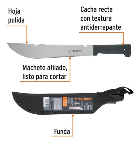 Machete Rambo 12' Cacha Inyectada Negra, Con Funda, Truper