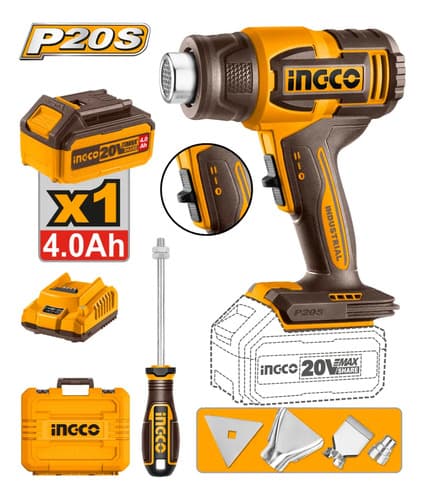Pistola De Calor 550°c 20v + Bat 4.0ah Ingco Hgli20065 Naranja Claro