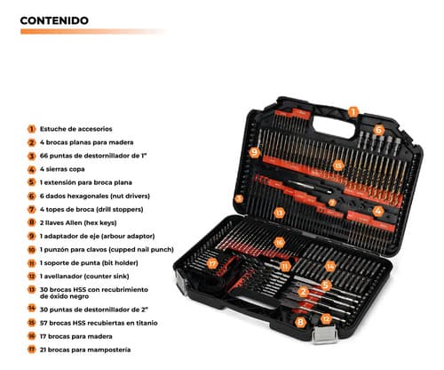 Set De Brocas Y Destornilladores Enertwist Con 246 Piezas Para Madera, Metal Y Mampostería