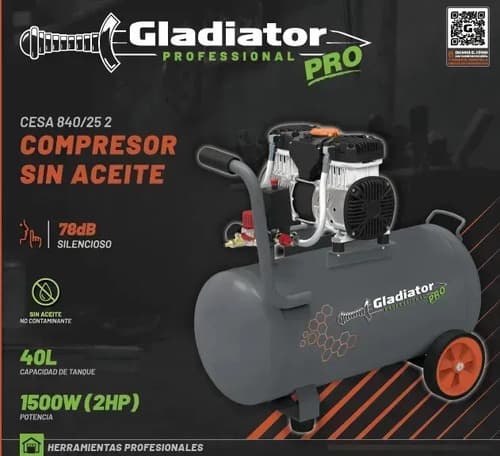 Compresor S/aceite 2hp40lts.1500w Gladiator Pro Gris