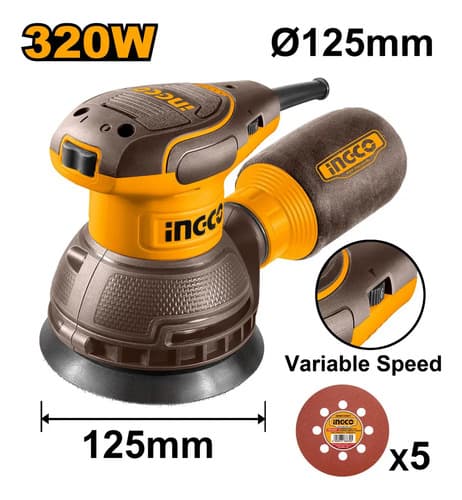 Lijadora Rotorbital Velocidad Variable 320w 125mm Ingco Color Amarillo Frecuencia 50/60hz