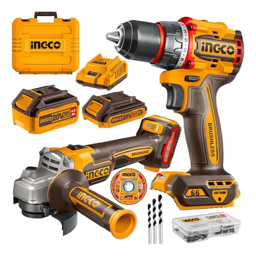 Kit Rotomartillo Inalámbrico Brushless Y Esmeriladora Inalámbrica Con Baterías Ingco Amarillo