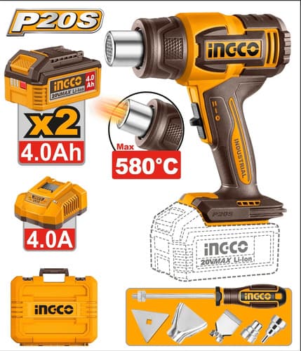 Pistola De Calor 20v 580 2 Bat 4.0ah Valija Ingco Hgli20085 Naranja Claro