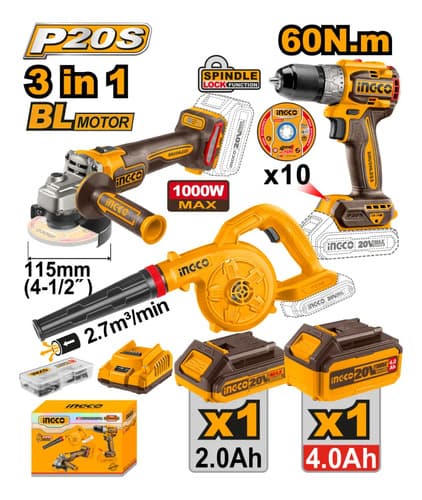 Kit Amoladora Taladro Sopladora Ingco 20v Cosli241192
