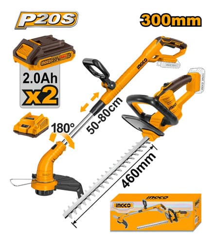 Combo De Bordeadora A Bateria 20v P20s + Cortacerco A Bateria 20v P20s En Caja C/2 Bat - Cosli240585 Ingco Amarillo