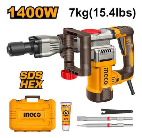 Martillo Demoledor 20j 1400w 8kg + Accesorios + Valija Ingco Naranja Claro