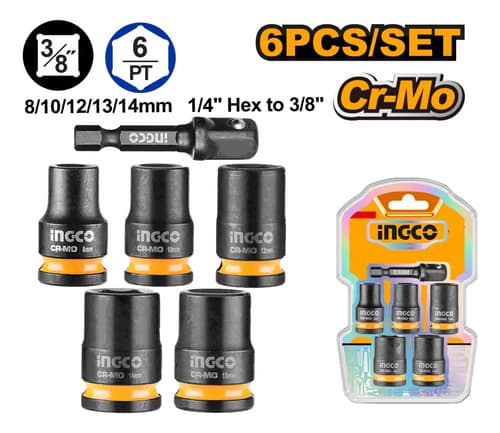 Set X6 Dados De Impacto 3/8  Cr-mo Ingco Hkissd38061 Naranja Claro