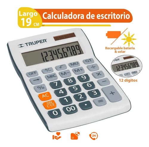 Calculadora 19 Cm De Escritorio Solar Y Pila Truper 60482 Color Gris