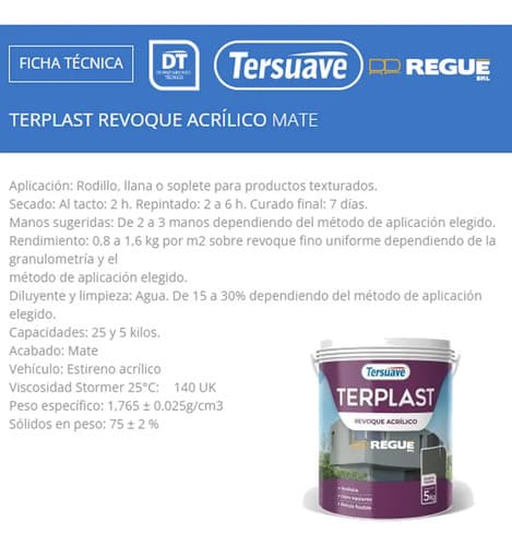 Revoque Acrílico Terplast Rodillable 25kg Tersuave - Regué Color Blanco