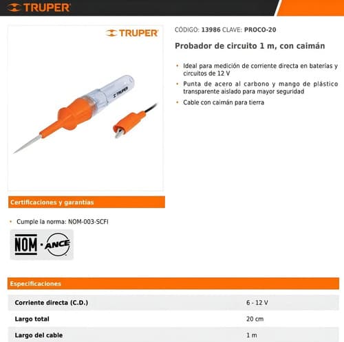 Tester Probador Corriente 12 V, Con Caimán - Truper