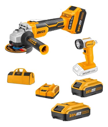 Amoladora Ingco 20v + 2 Bat 4.0ah + Car 4.0ah + Linterna 20v Naranja Claro