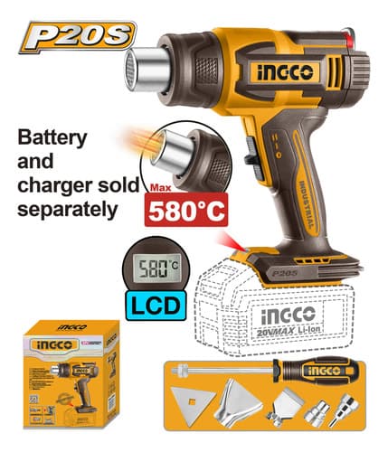 Pistola De Calor 20v 580°c Sin Bat Sin Carg Ingco Hgli2058 Naranja Claro