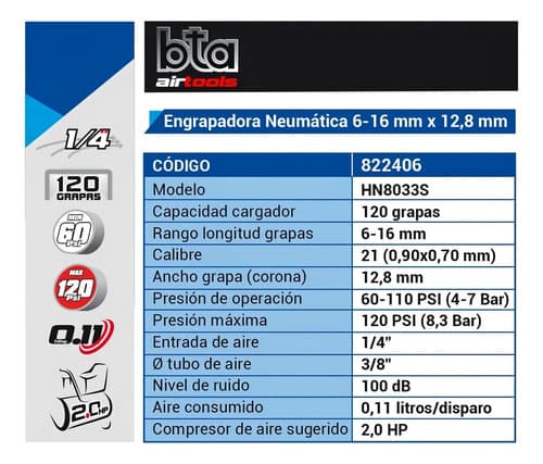 Engrampadora Neumática Bta 822406 Para Madera Y Enchapado 6-16mm