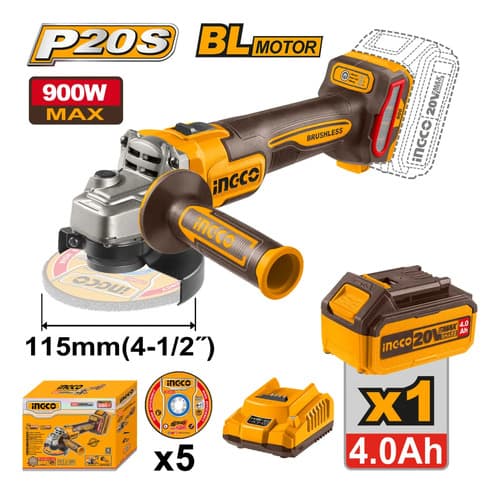 Amoladora 20v Brushless + Bat 4.0ah + Cargador Ingco Naranja Claro