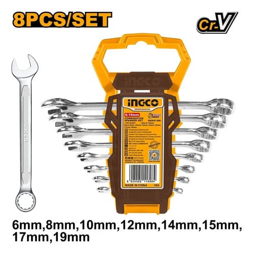 Set Juego 8 Llaves Combinadas 6-19mm Ingco Industrial Plateado